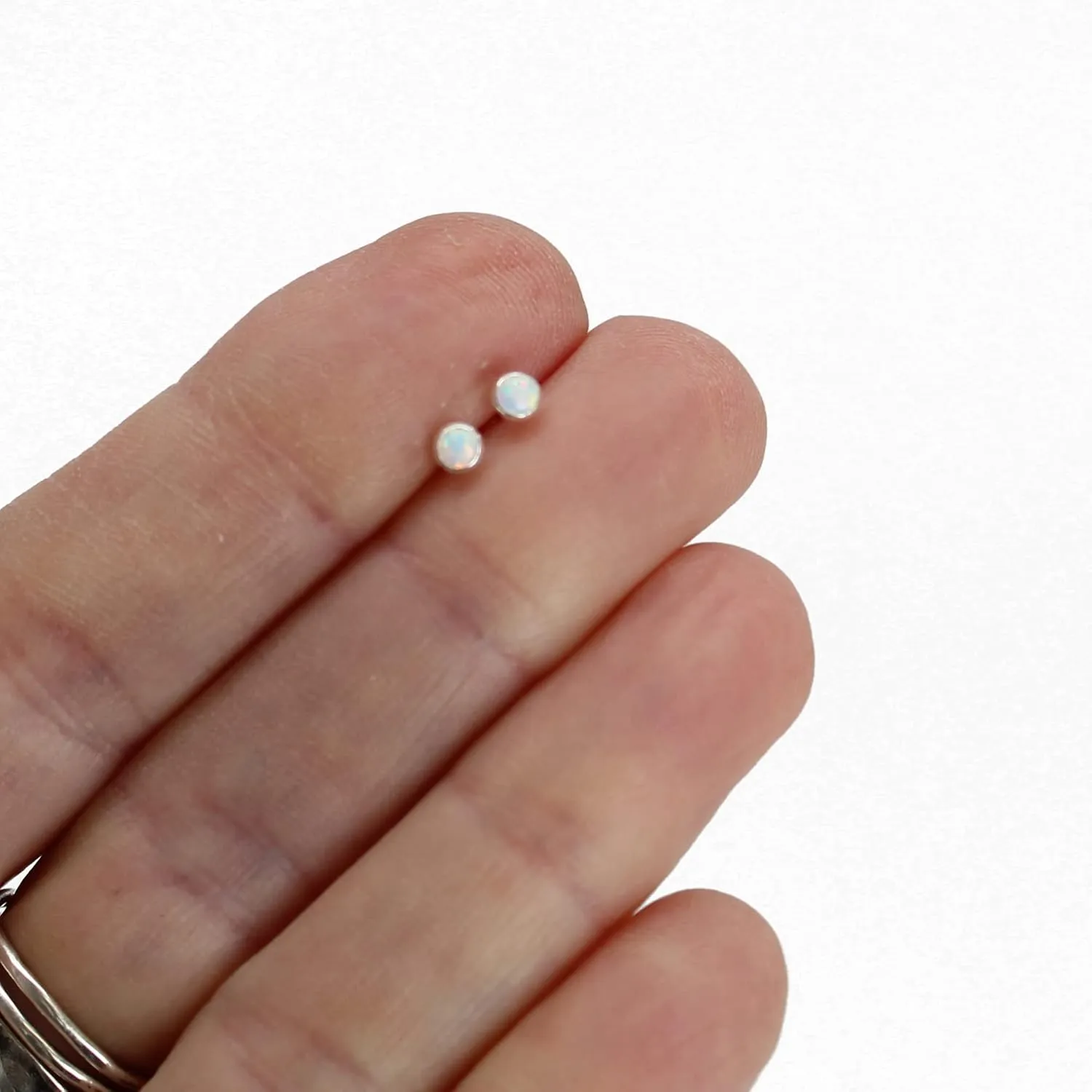 Handmade Tiny 3mm Opal Stud Earrings for Women and Girls, Handmade Round Bezel 925 Sterling Silver (created-opal)