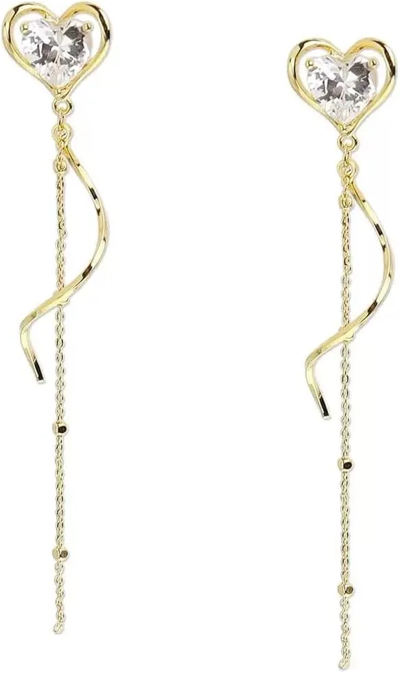 Heart Dangle Earrings For Women, Gold Plated Chain Earrings, Heart Tassel Dangle Earrings Threader