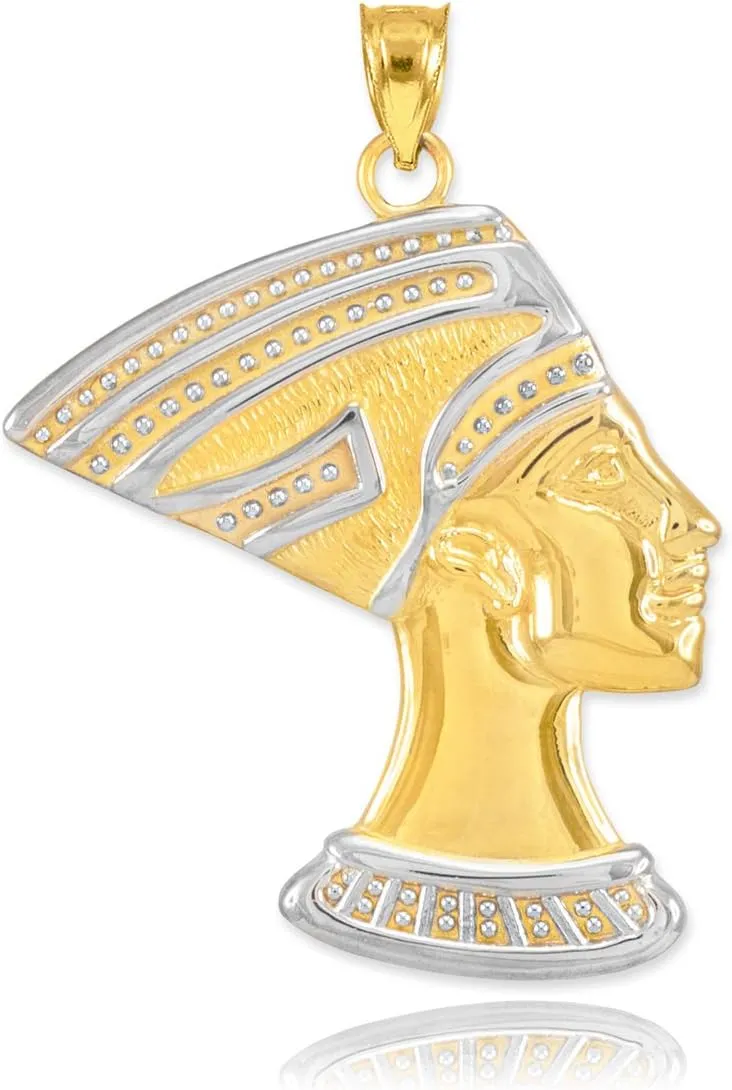 High Polish 10k Two-Tone Gold Egyptian Queen Nefertiti Charm Pendant Necklace