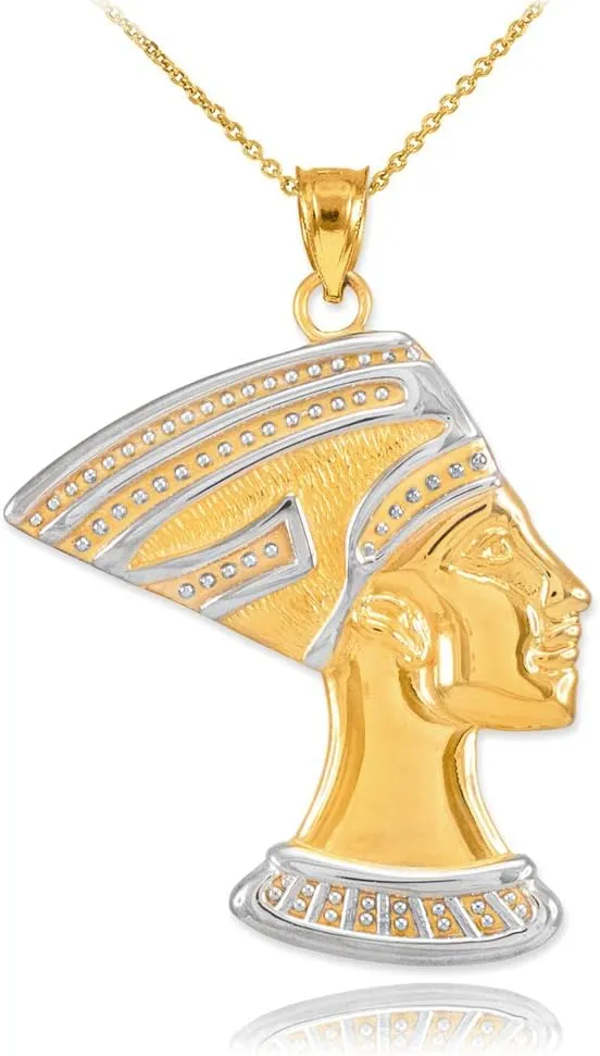 High Polish 10k Two-Tone Gold Egyptian Queen Nefertiti Charm Pendant Necklace