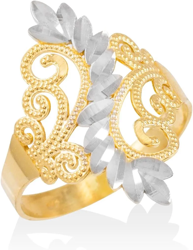 High Polish 10k Two-Tone Gold Filigree Leaf Coktail Ring