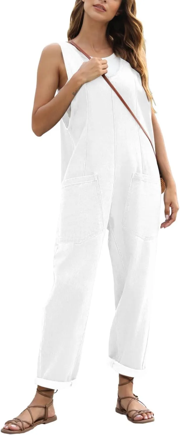 High Roller Denim Jumpsuits for Women Casual Sleeveless Loose Baggy Overalls Jeans Pants Jumpers with Pockets
