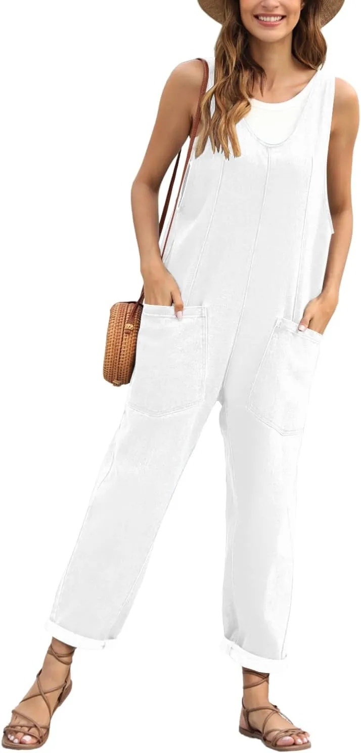 High Roller Denim Jumpsuits for Women Casual Sleeveless Loose Baggy Overalls Jeans Pants Jumpers with Pockets