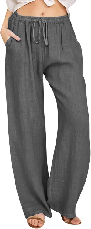 High Waist Wide Leg Linen Pants For Women Drawstring Boho Palazzo Trouser with Pockets Lounge Travel Vacation Outfits