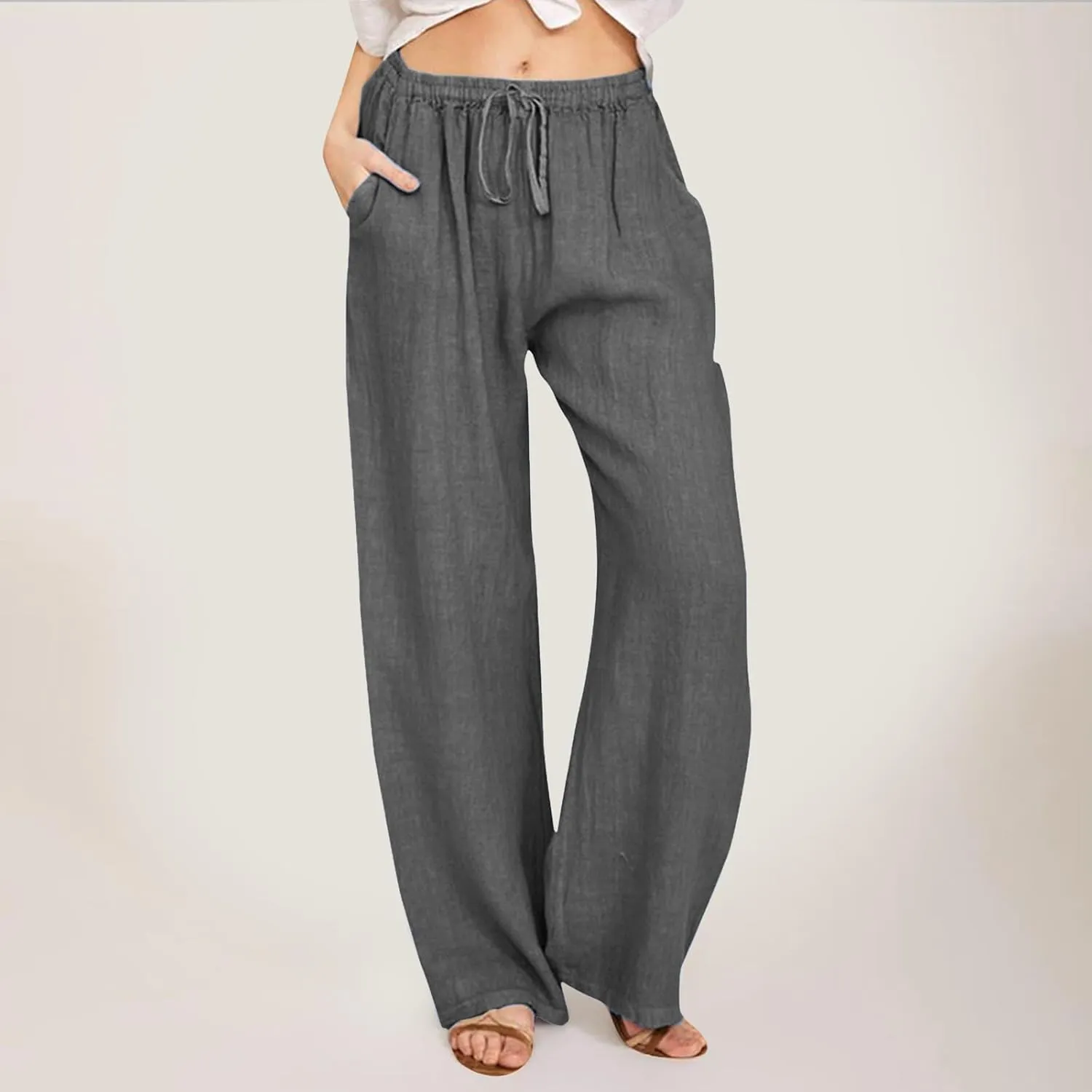 High Waist Wide Leg Linen Pants For Women Drawstring Boho Palazzo Trouser with Pockets Lounge Travel Vacation Outfits