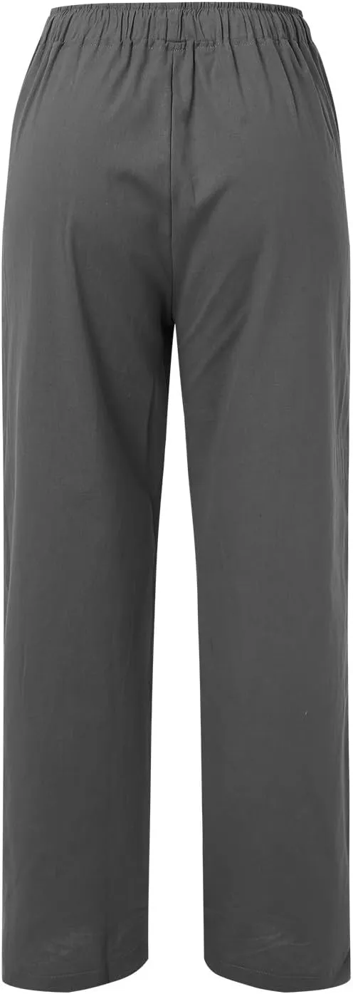 High Waist Wide Leg Linen Pants For Women Drawstring Boho Palazzo Trouser with Pockets Lounge Travel Vacation Outfits