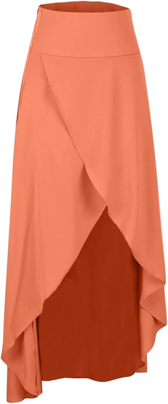 High Waist Wrap Skirt for Women Flowy Skirts Trendy Summer Ruffle High Low Maxi Skirt with Slit Boho Beach Skirts