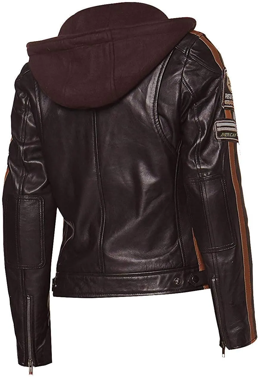Hooded Women's Biker Racing Jacket - Cafe Racer Retro Badges Vintage Motorcycle Leather Jacket