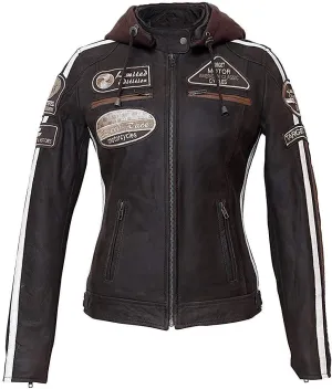 Hooded Women's Biker Racing Jacket - Cafe Racer Retro Badges Vintage Motorcycle Leather Jacket