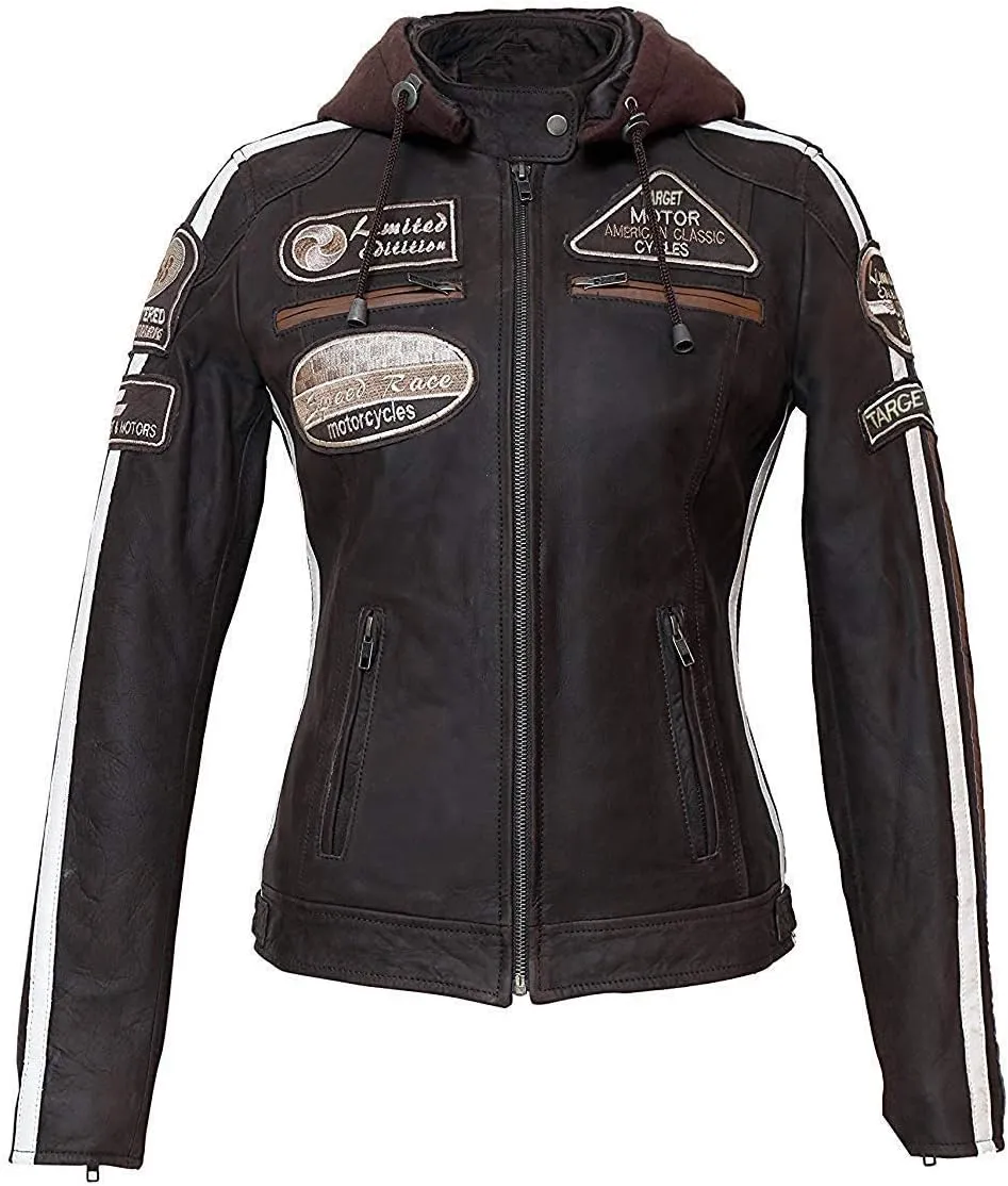 Hooded Women's Biker Racing Jacket - Cafe Racer Retro Badges Vintage Motorcycle Leather Jacket