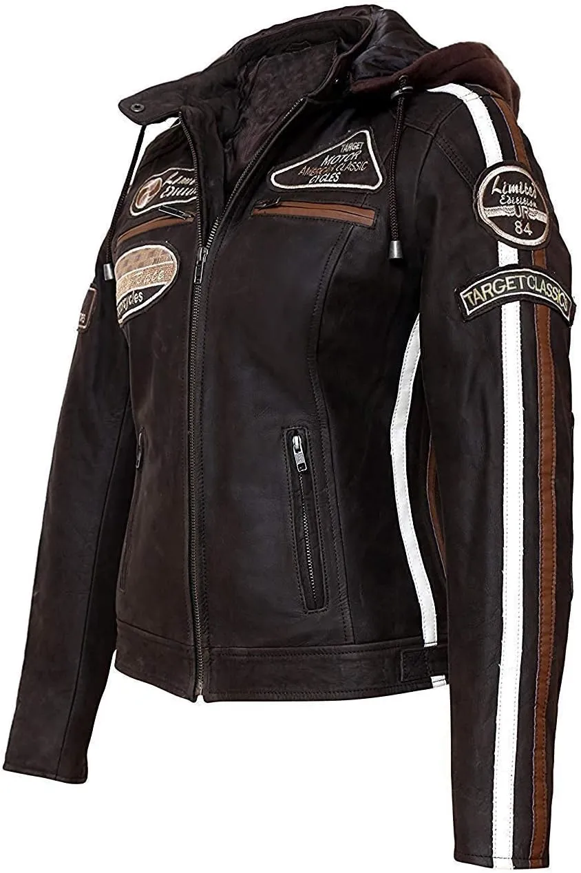 Hooded Women's Biker Racing Jacket - Cafe Racer Retro Badges Vintage Motorcycle Leather Jacket