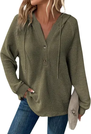 Hoodies For Women Casual Long Sleeve Shirts Oversized Drawstring Sweatshirts Button V-Neck Tunic Tops