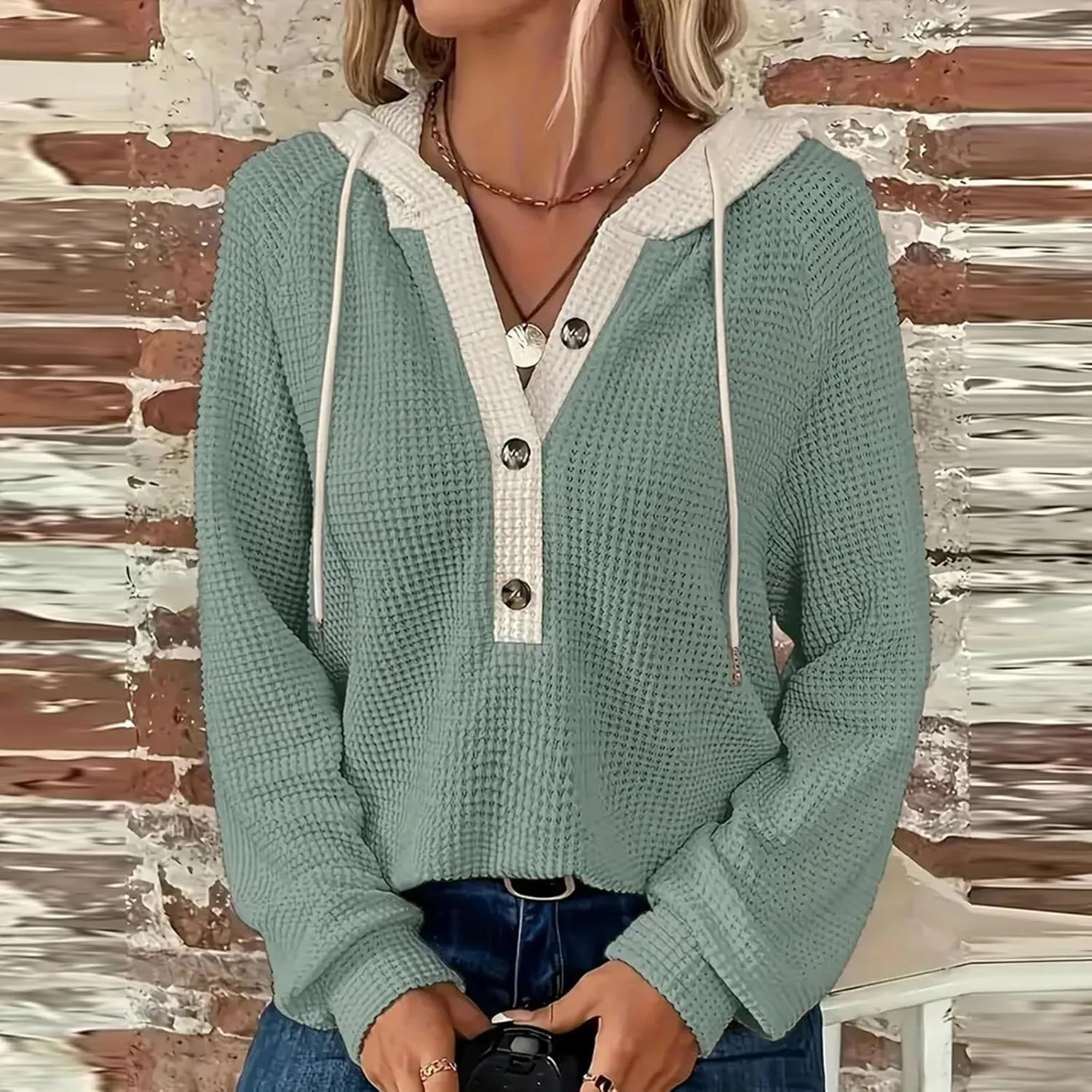Hoodies For Women Casual Long Sleeve Shirts Oversized Drawstring Sweatshirts Button V-Neck Tunic Tops