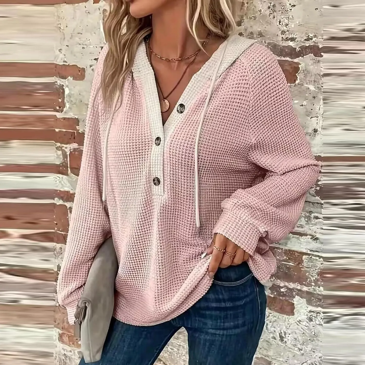Hoodies For Women Casual Long Sleeve Shirts Oversized Drawstring Sweatshirts Button V-Neck Tunic Tops