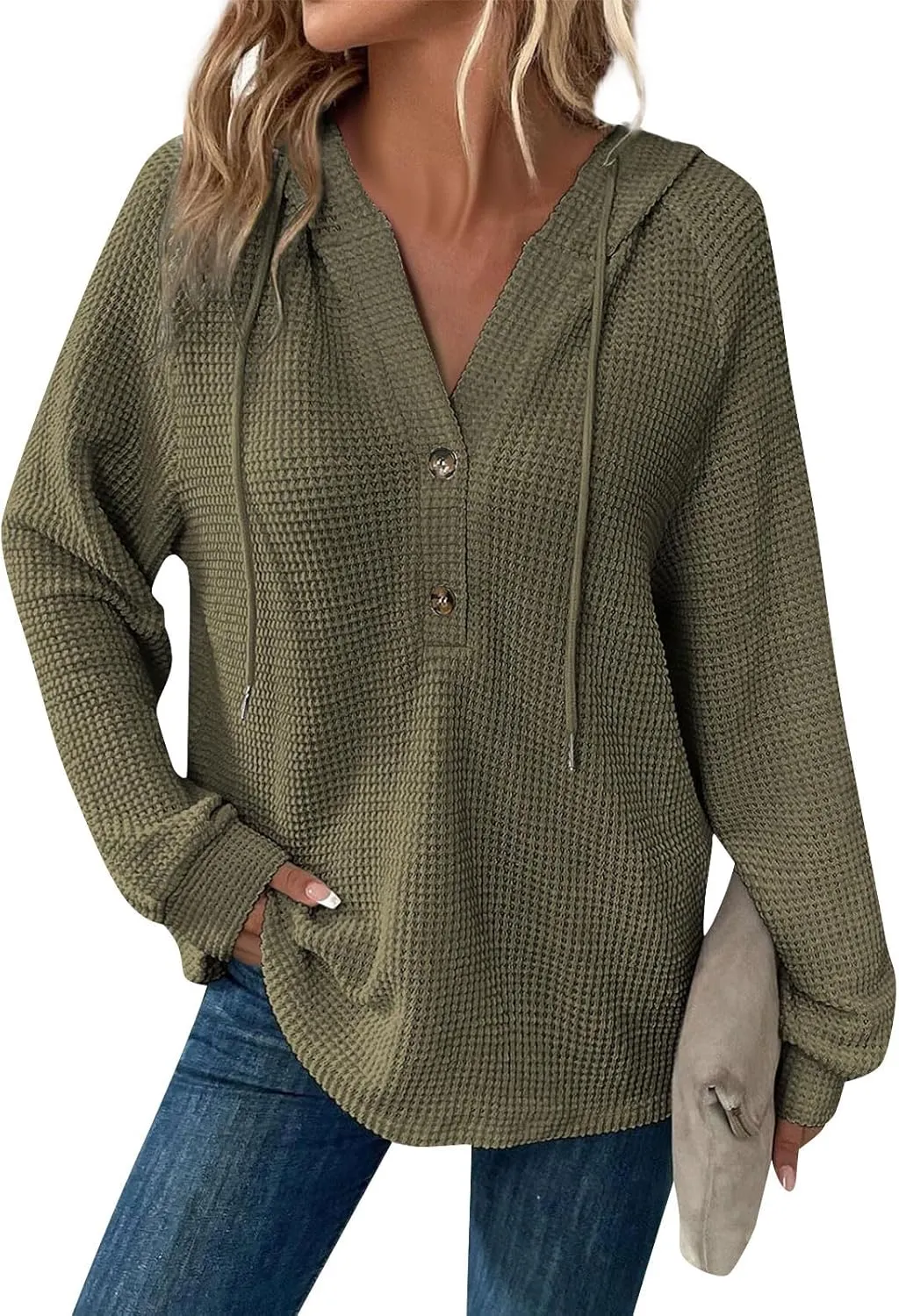 Hoodies For Women Casual Long Sleeve Shirts Oversized Drawstring Sweatshirts Button V-Neck Tunic Tops
