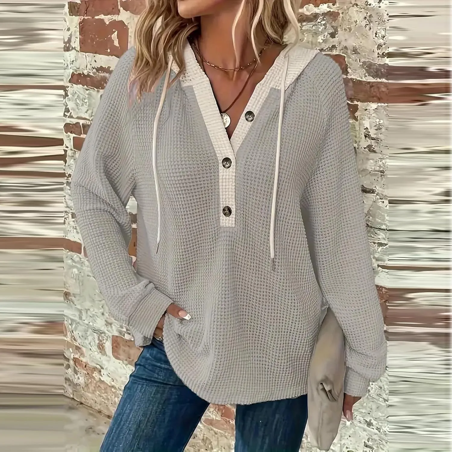 Hoodies For Women Casual Long Sleeve Shirts Oversized Drawstring Sweatshirts Button V-Neck Tunic Tops