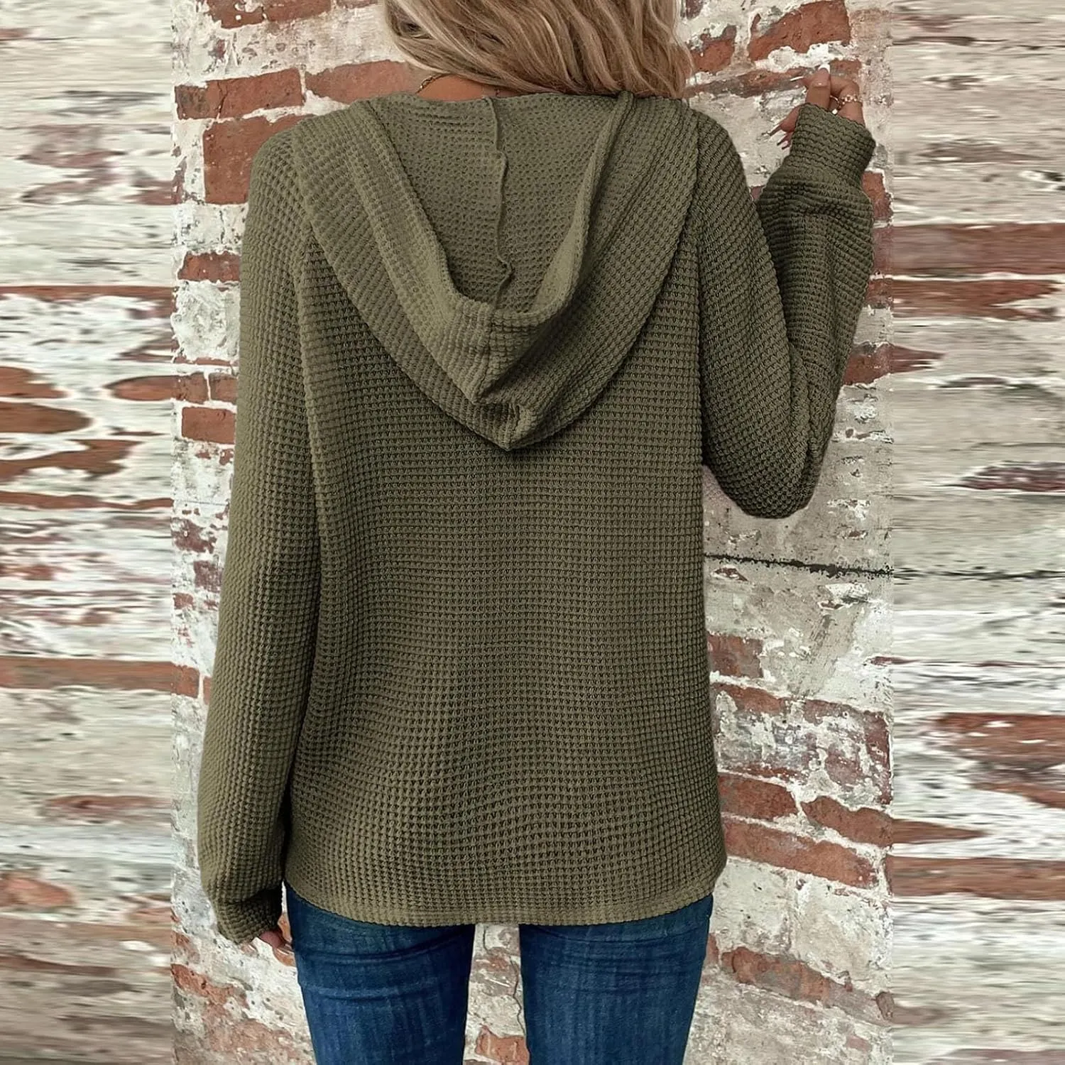 Hoodies For Women Casual Long Sleeve Shirts Oversized Drawstring Sweatshirts Button V-Neck Tunic Tops