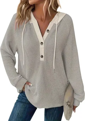 Hoodies For Women Casual Long Sleeve Shirts Oversized Drawstring Sweatshirts Button V-Neck Tunic Tops