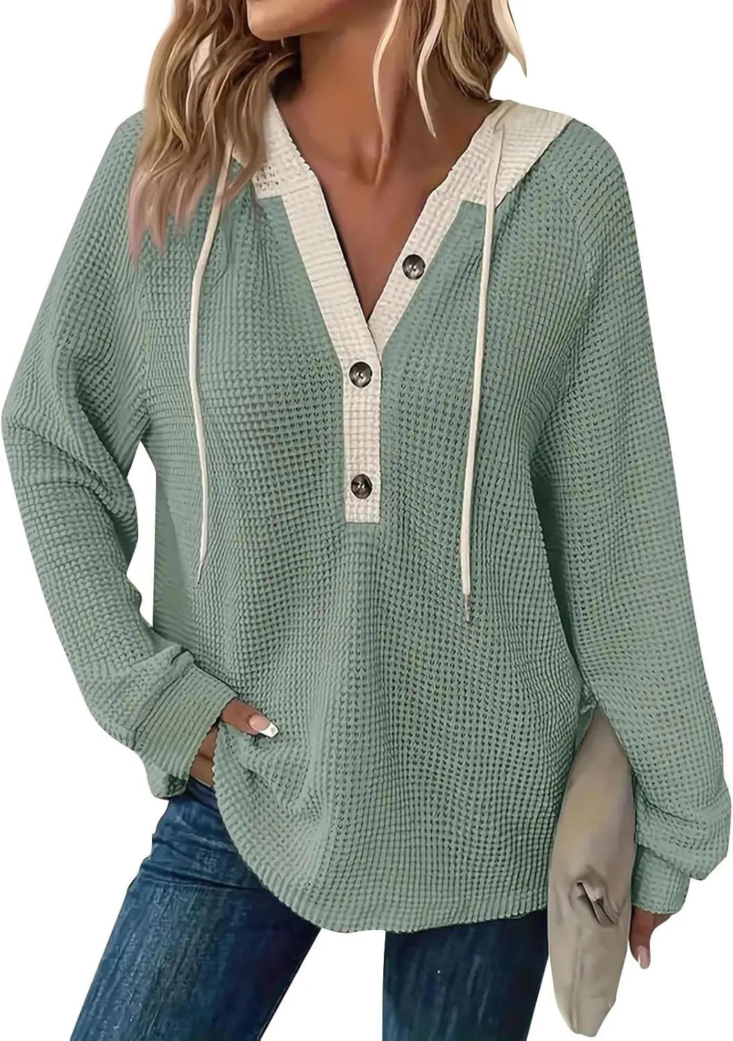 Hoodies For Women Casual Long Sleeve Shirts Oversized Drawstring Sweatshirts Button V-Neck Tunic Tops