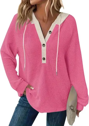 Hoodies For Women Casual Long Sleeve Shirts Oversized Drawstring Sweatshirts Button V-Neck Tunic Tops
