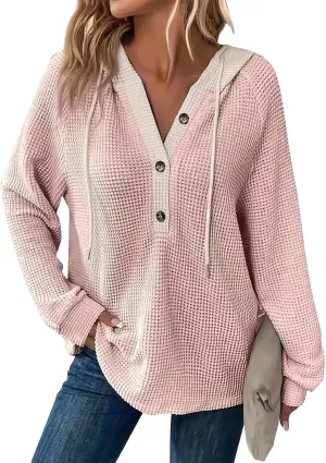 Hoodies For Women Casual Long Sleeve Shirts Oversized Drawstring Sweatshirts Button V-Neck Tunic Tops