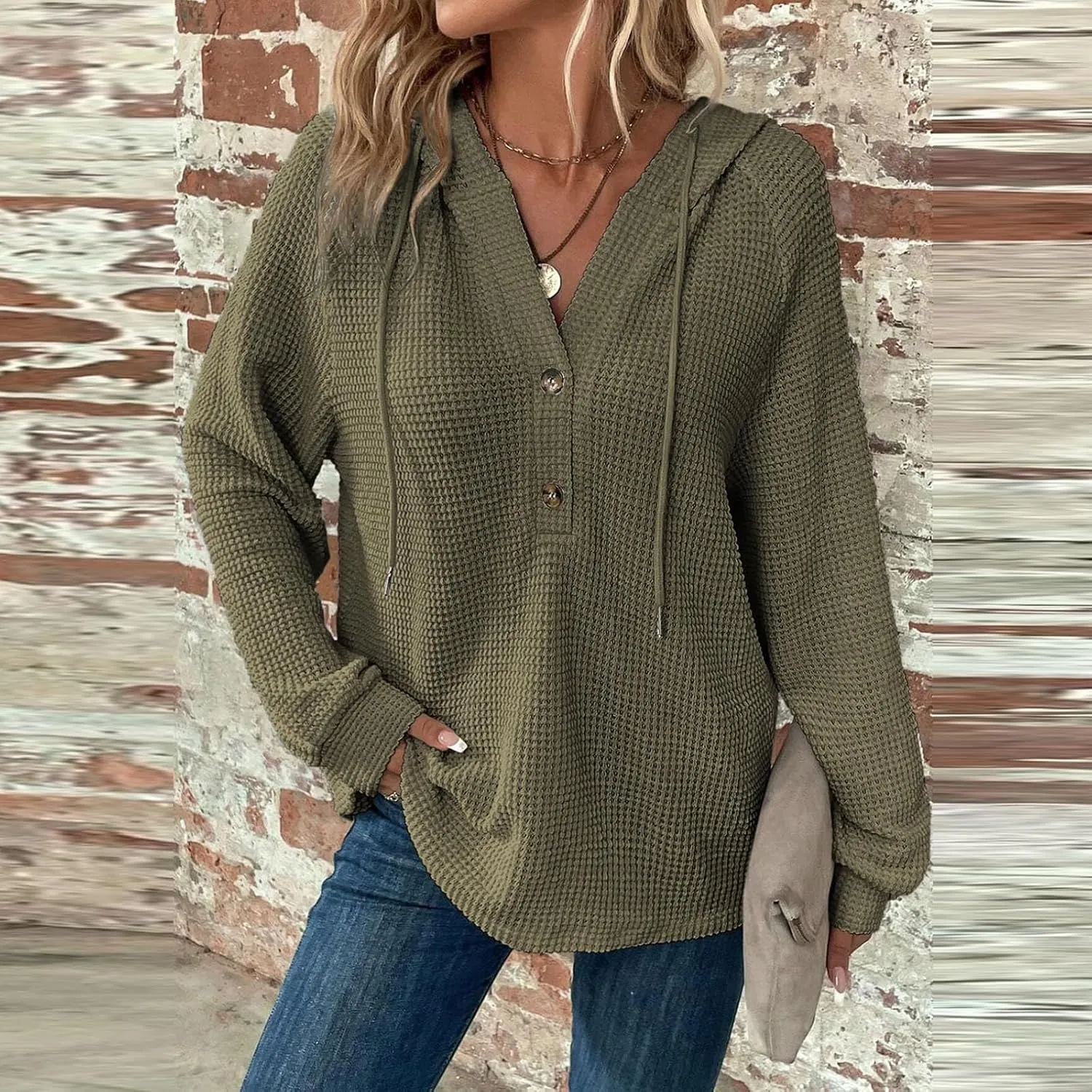 Hoodies For Women Casual Long Sleeve Shirts Oversized Drawstring Sweatshirts Button V-Neck Tunic Tops