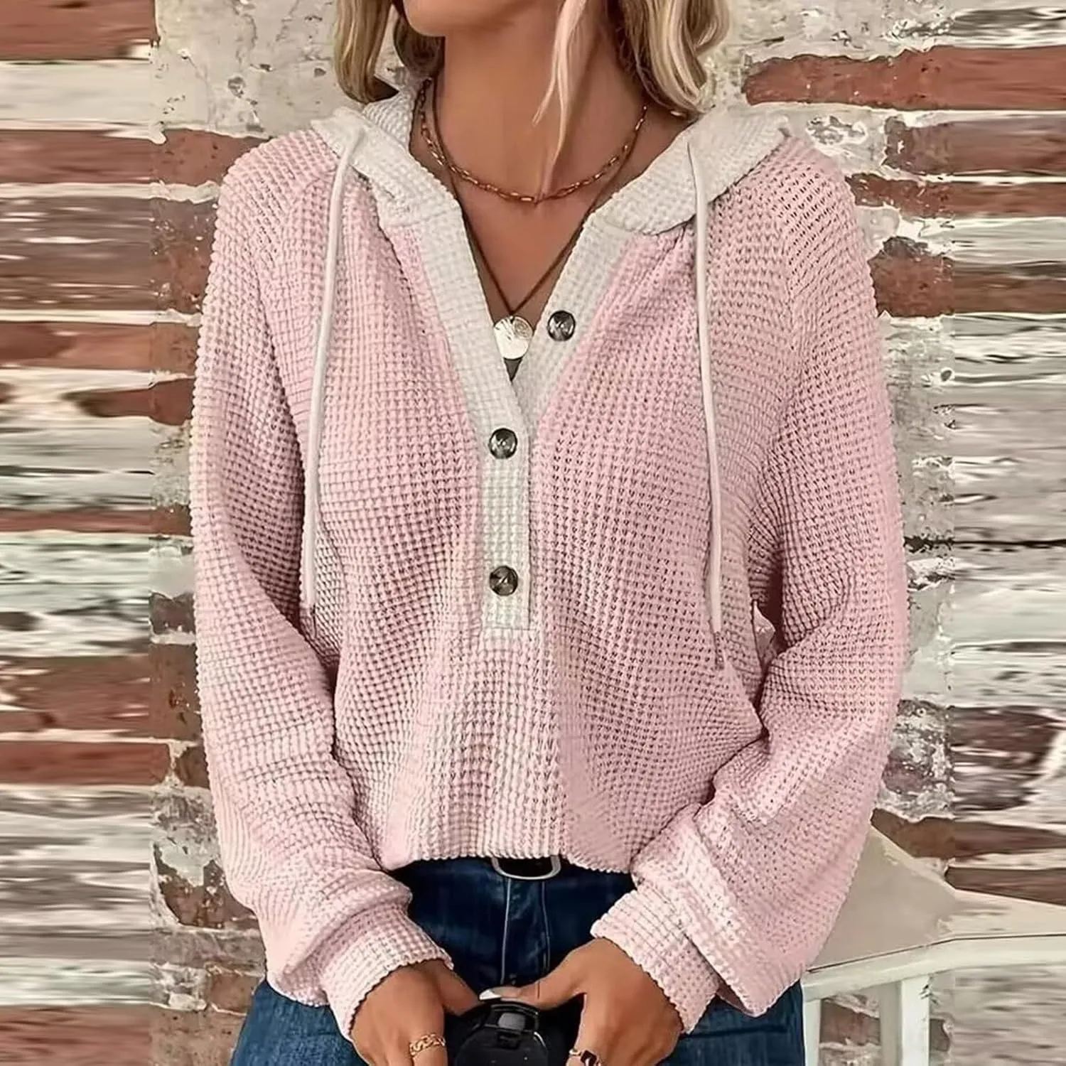 Hoodies For Women Casual Long Sleeve Shirts Oversized Drawstring Sweatshirts Button V-Neck Tunic Tops
