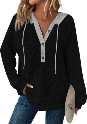 Hoodies For Women Casual Long Sleeve Shirts Oversized Drawstring Sweatshirts Button V-Neck Tunic Tops