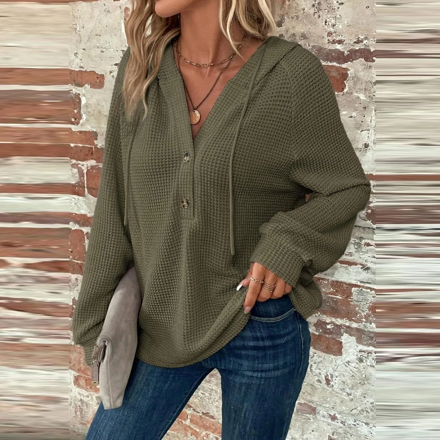 Hoodies For Women Casual Long Sleeve Shirts Oversized Drawstring Sweatshirts Button V-Neck Tunic Tops