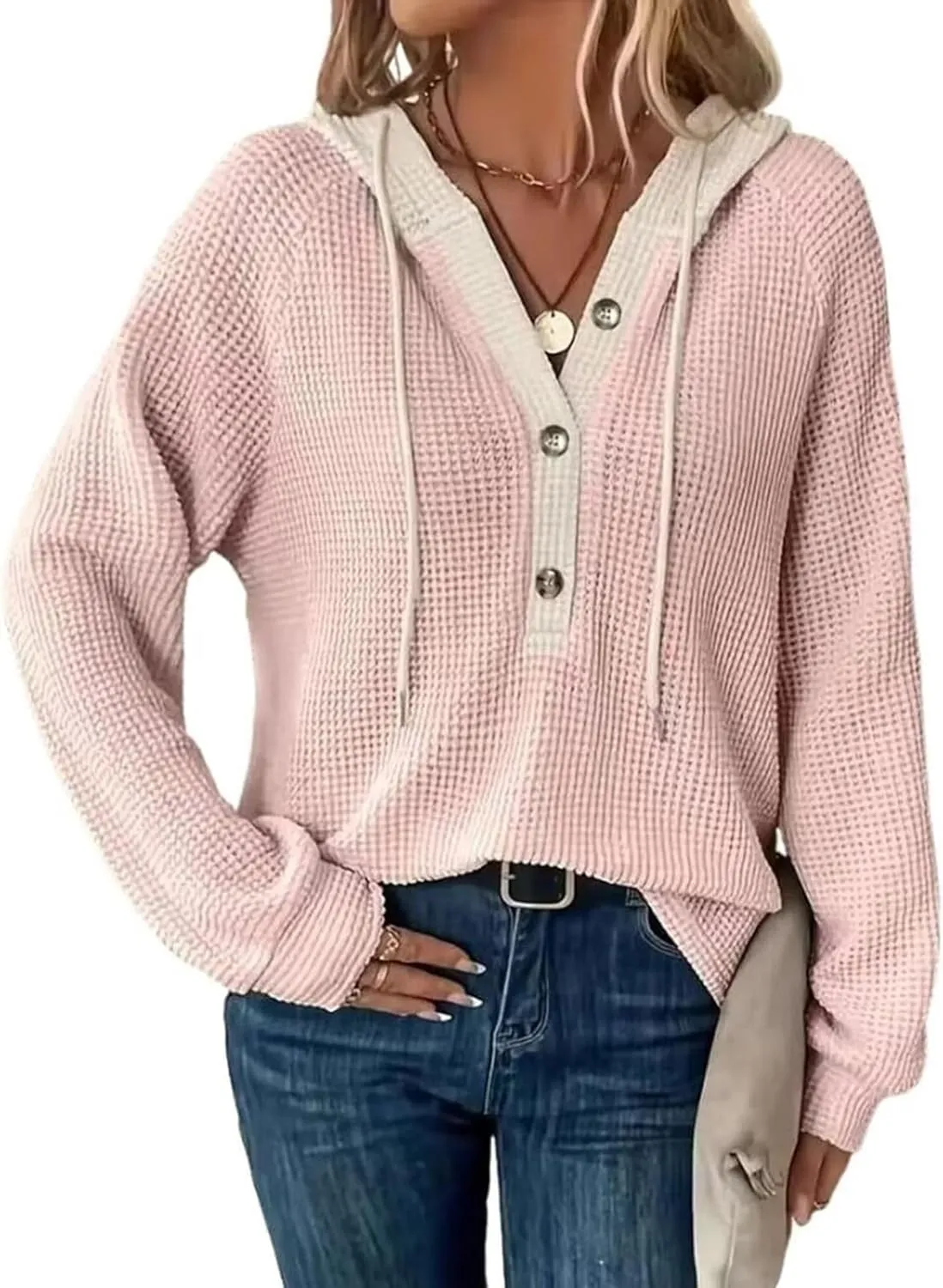 Hoodies For Women Casual Long Sleeve Shirts Oversized Drawstring Sweatshirts Button V-Neck Tunic Tops