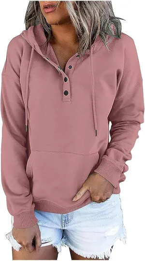 Hoodies For Women Dressy Casual 2024 Solid Basic Button Down Hooded Drawstring Sweatshirt Fall Fashion Pullover Tops