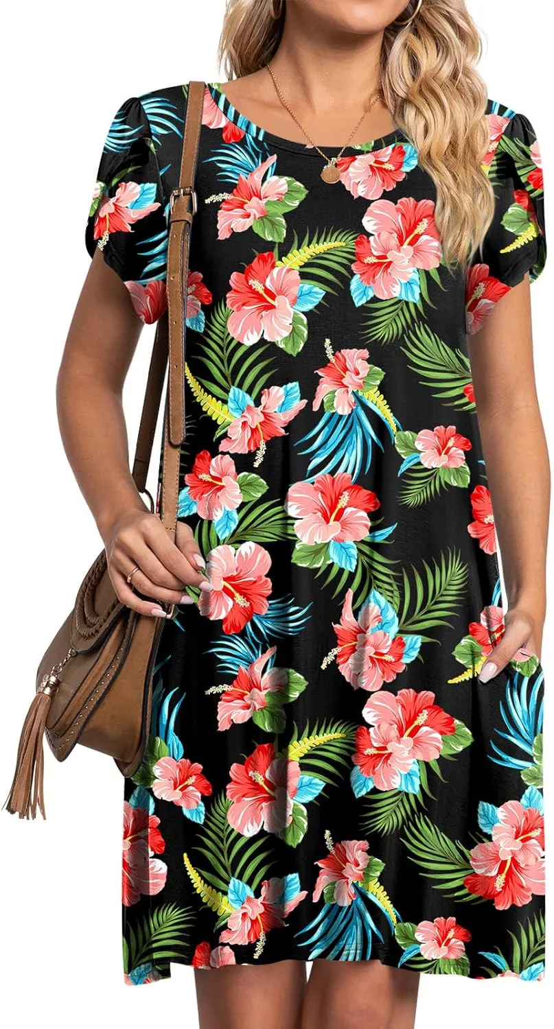 HOTGIFT 2025 Womens Dress Summer Short Sleeve Crewneck Sundress with Pockets M-4XL