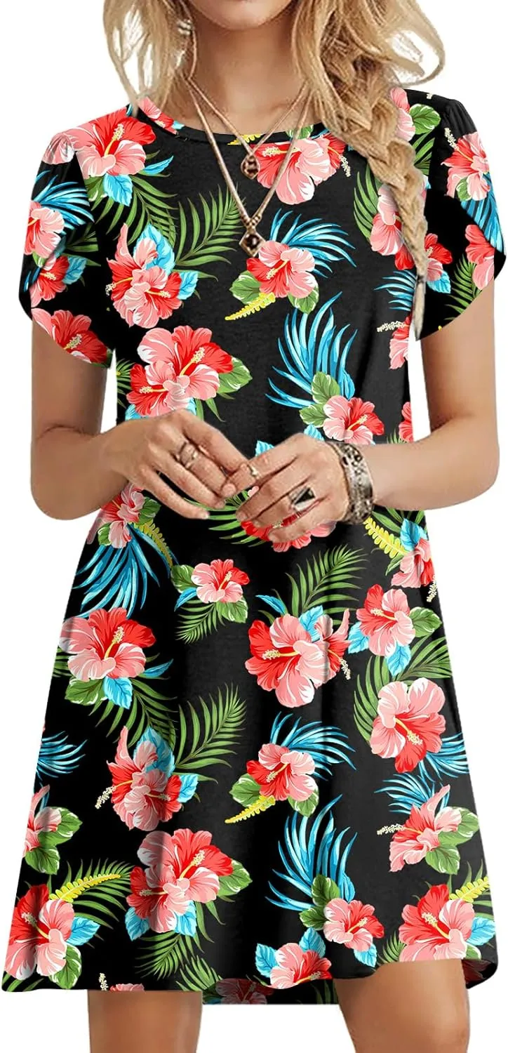 HOTGIFT 2025 Womens Dress Summer Short Sleeve Crewneck Sundress with Pockets M-4XL