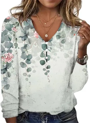 HOTYD Women's Boho Floral Print Shirts Ladies Long Sleeve Summer Tops Blouses for Women Dressy Casual V Neck Tunic Tops