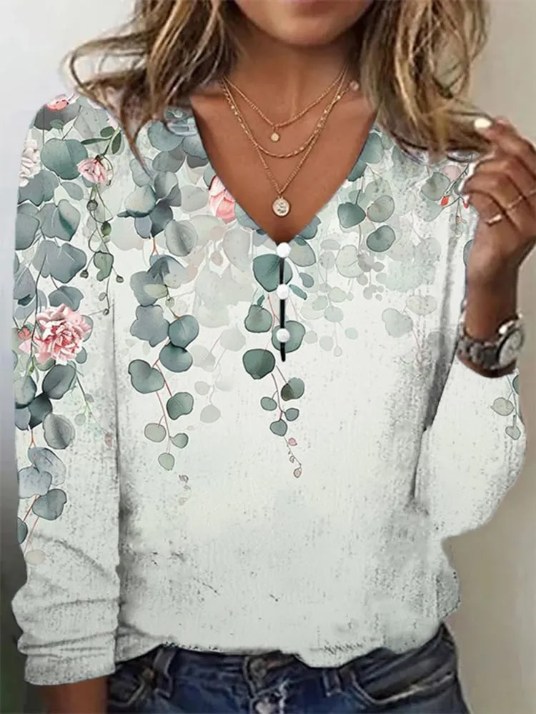 HOTYD Women's Boho Floral Print Shirts Ladies Long Sleeve Summer Tops Blouses for Women Dressy Casual V Neck Tunic Tops
