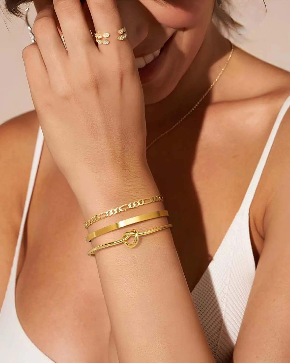 Howoo Gold Bangle Bracelets for Women 18K Plated Gold Cuff Bracelet Cuban Figaro Link Chain Knot Beaded Jewelry Sets
