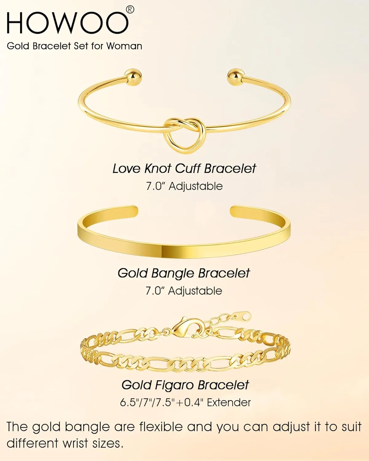 Howoo Gold Bangle Bracelets for Women 18K Plated Gold Cuff Bracelet Cuban Figaro Link Chain Knot Beaded Jewelry Sets