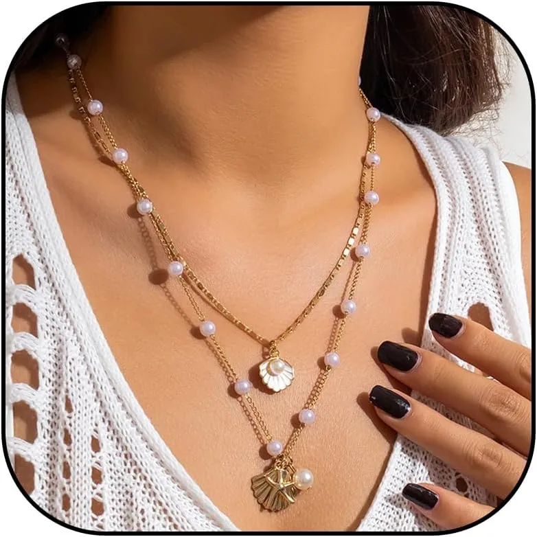 HUASAI Shell Starfish Necklace Gold Seashell Pendant Necklace Boho Layered Shell Choker Adjustable Beach Jewelry Gifts Summer Outfits for Women Beach Vacation Essentials