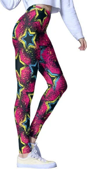 Hupplle Women's 80s Neon Leggings Artistic Splash Printed High Waisted Stretchy Tights Buttery Soft Yoga Sport Workout Pants