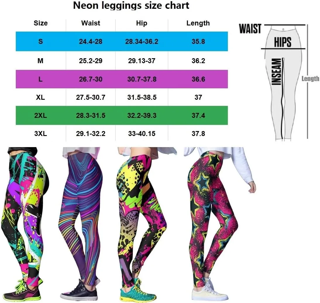 Hupplle Women's 80s Neon Leggings Artistic Splash Printed High Waisted Stretchy Tights Buttery Soft Yoga Sport Workout Pants