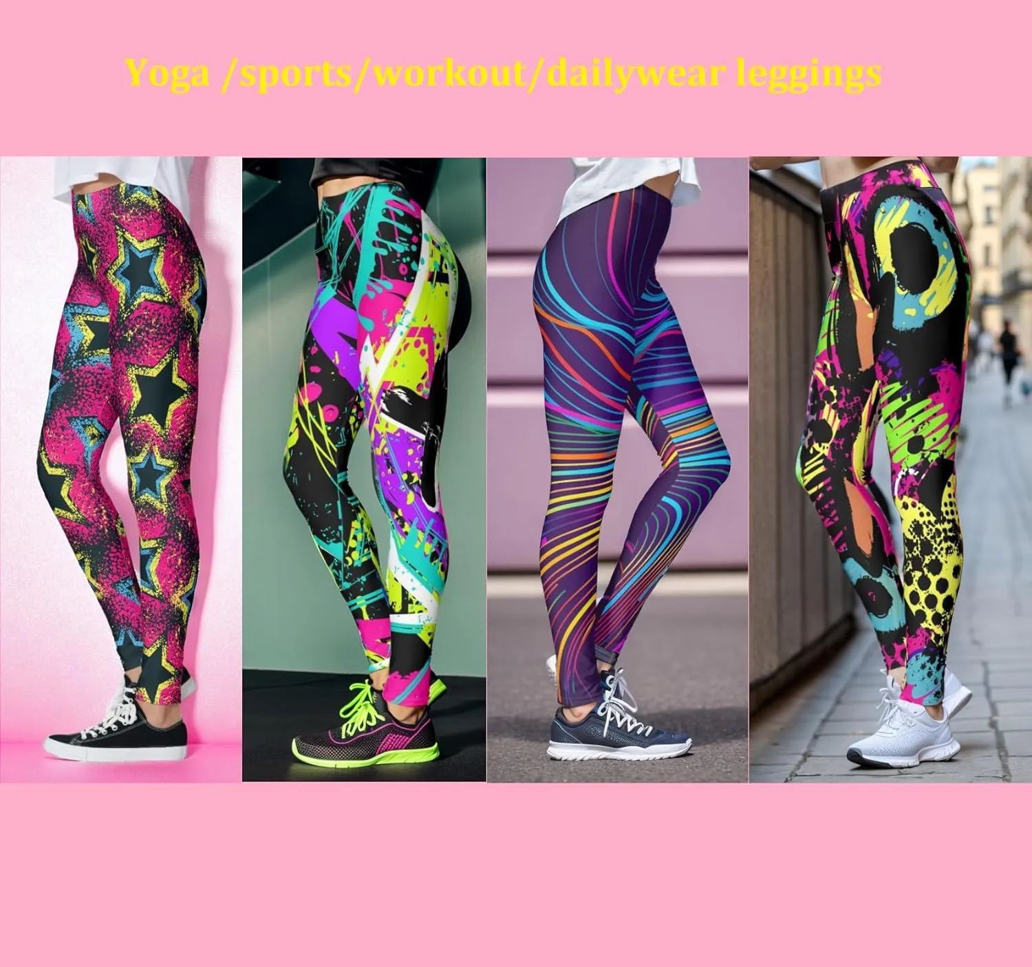 Hupplle Women's 80s Neon Leggings Artistic Splash Printed High Waisted Stretchy Tights Buttery Soft Yoga Sport Workout Pants