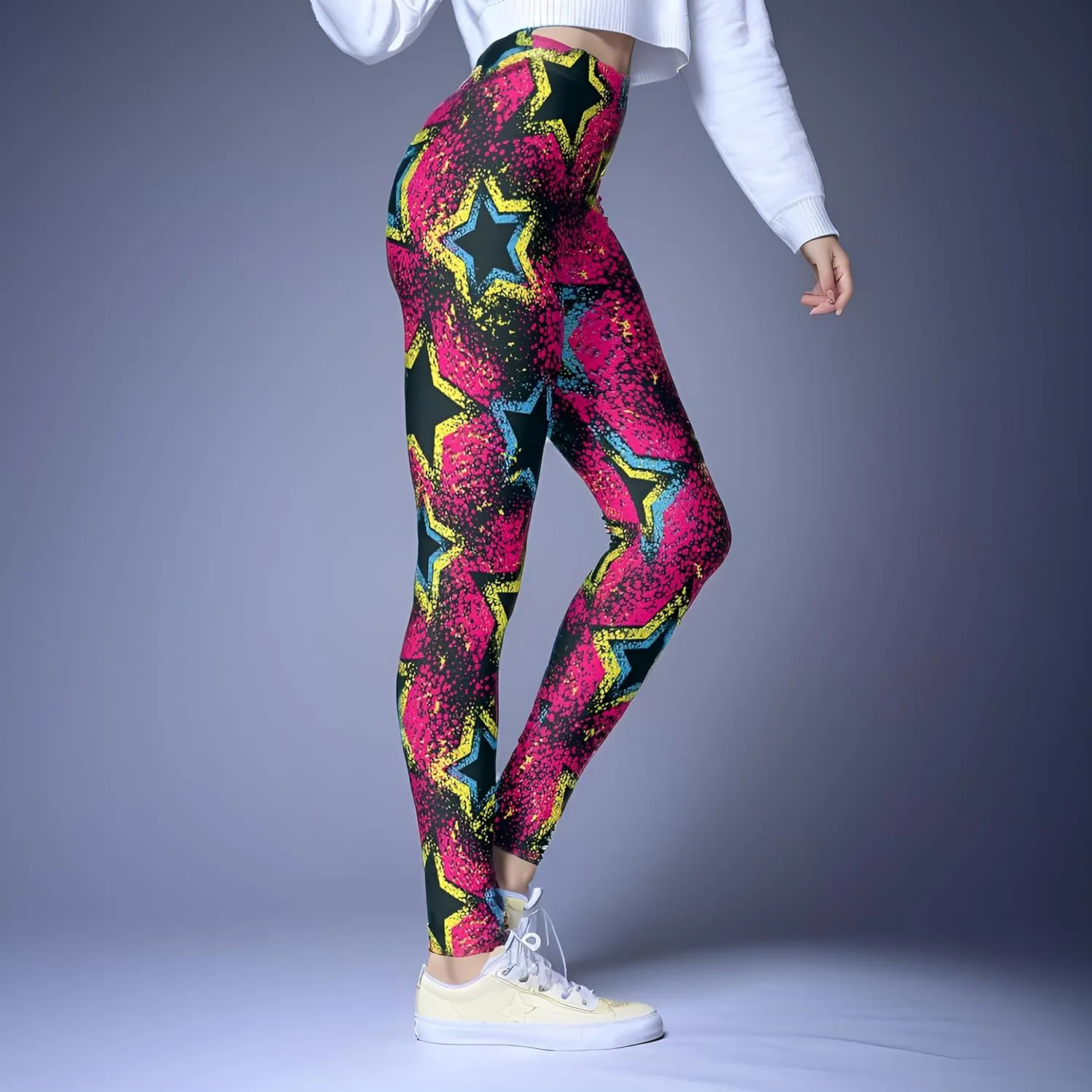Hupplle Women's 80s Neon Leggings Artistic Splash Printed High Waisted Stretchy Tights Buttery Soft Yoga Sport Workout Pants