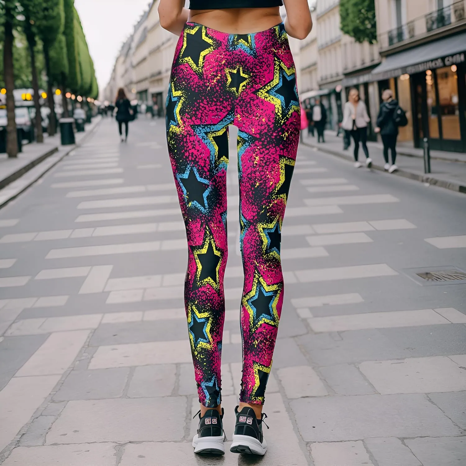Hupplle Women's 80s Neon Leggings Artistic Splash Printed High Waisted Stretchy Tights Buttery Soft Yoga Sport Workout Pants