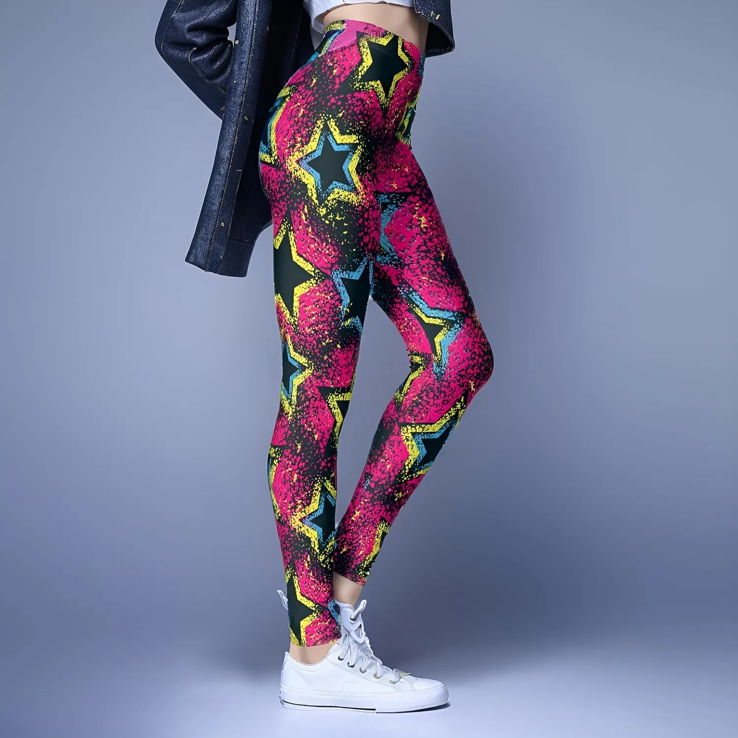 Hupplle Women's 80s Neon Leggings Artistic Splash Printed High Waisted Stretchy Tights Buttery Soft Yoga Sport Workout Pants