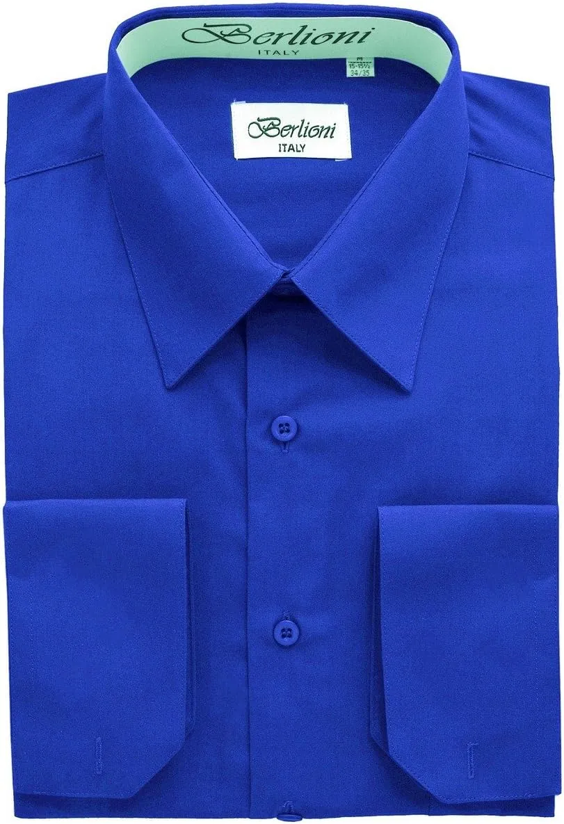 Italy Royal Blue Mens Solid Dress Shirt with French Convertible Cuff