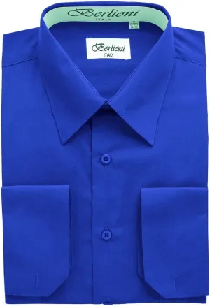 Italy Royal Blue Mens Solid Dress Shirt with French Convertible Cuff
