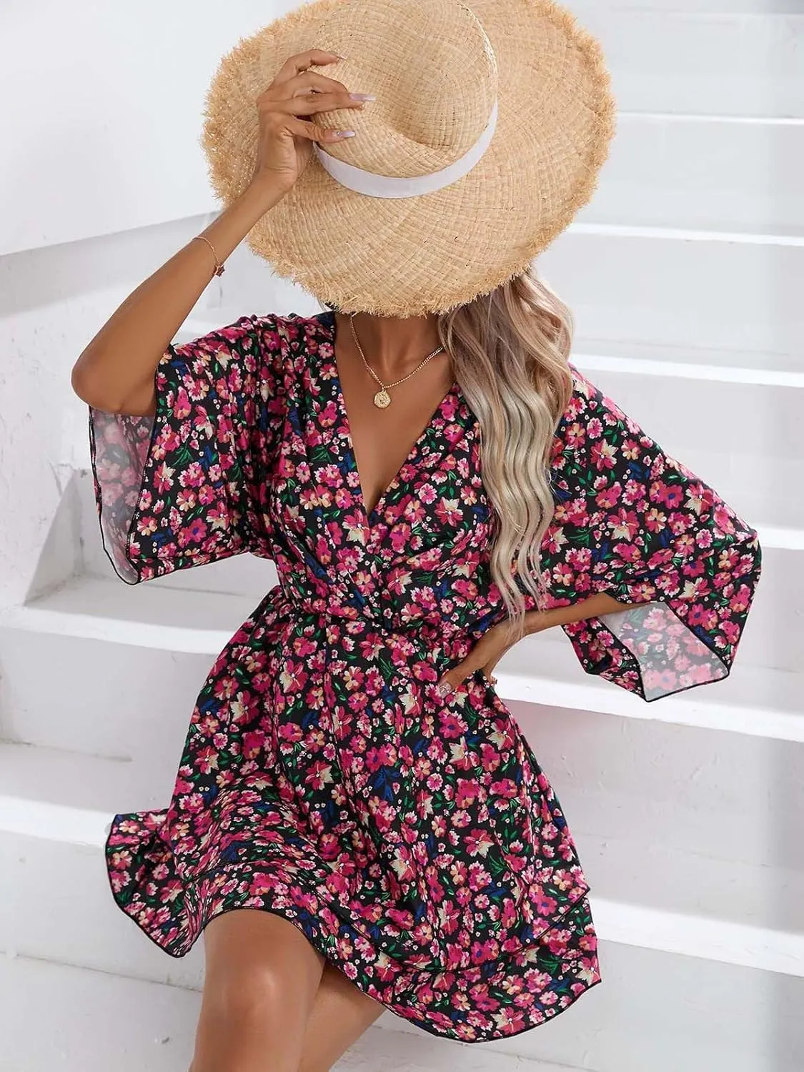 IVERIRMIN Women's Boho Floral Print 3/4 Long Sleeve Short Dress Flowy V Neck A Line Ruffle Tiered Mini Dresses