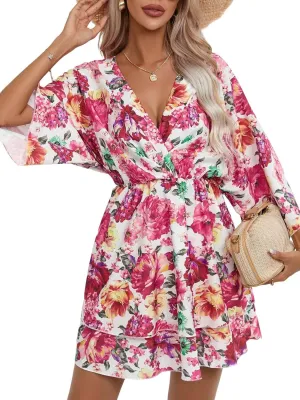 IVERIRMIN Women's Boho Floral Print 3/4 Long Sleeve Short Dress Flowy V Neck A Line Ruffle Tiered Mini Dresses