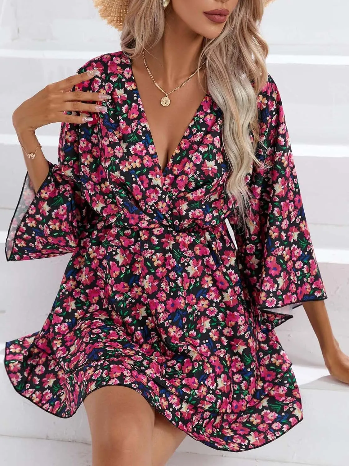 IVERIRMIN Women's Boho Floral Print 3/4 Long Sleeve Short Dress Flowy V Neck A Line Ruffle Tiered Mini Dresses