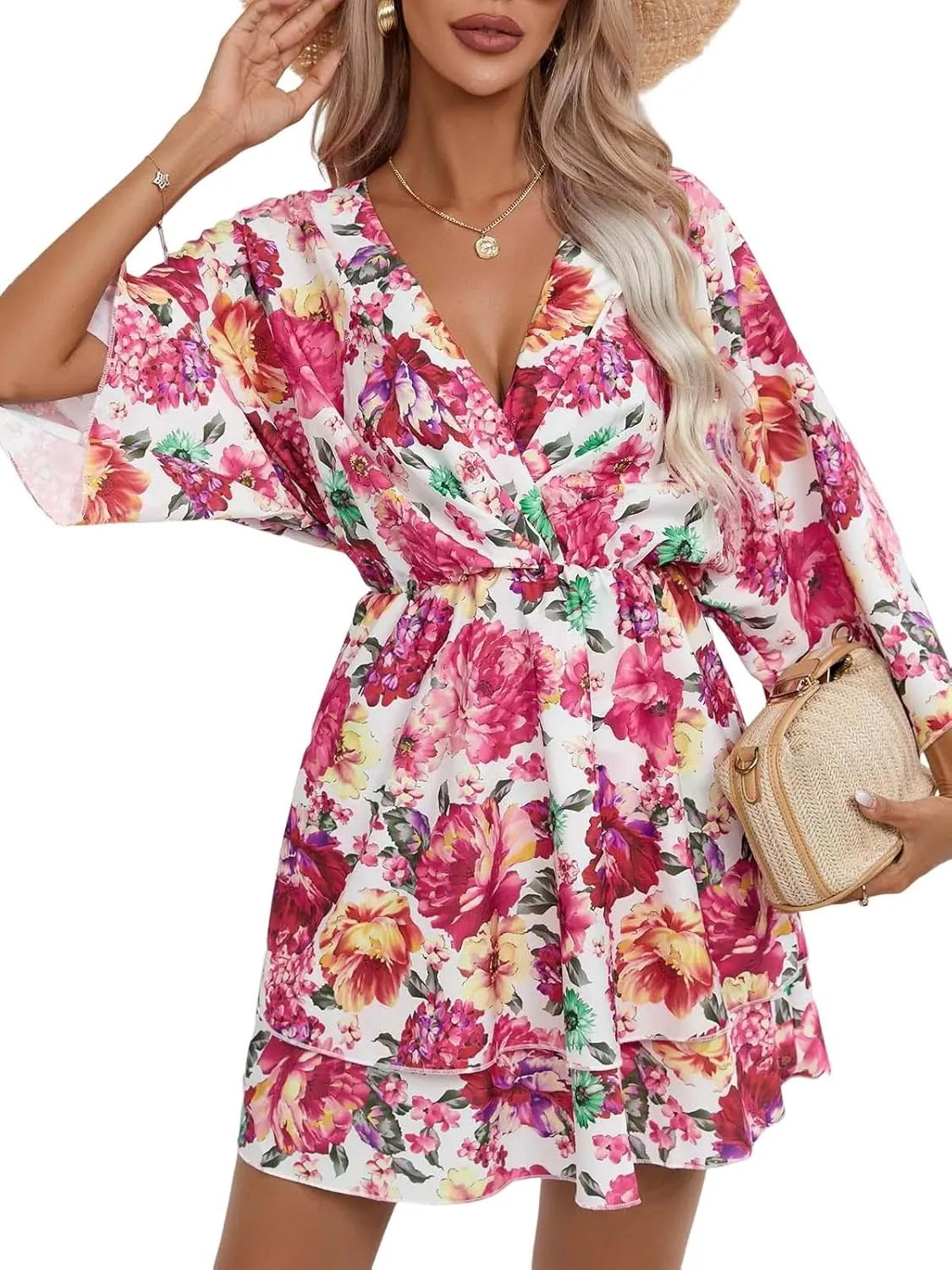 IVERIRMIN Women's Boho Floral Print 3/4 Long Sleeve Short Dress Flowy V Neck A Line Ruffle Tiered Mini Dresses